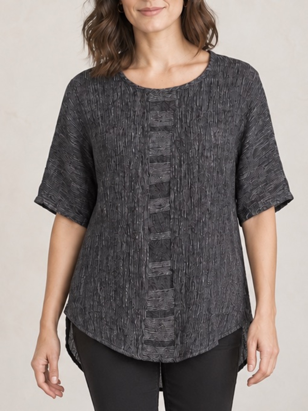 100% Linen Crinkle Tunic Top M Black White High Low Lagenlook Boho Khangura